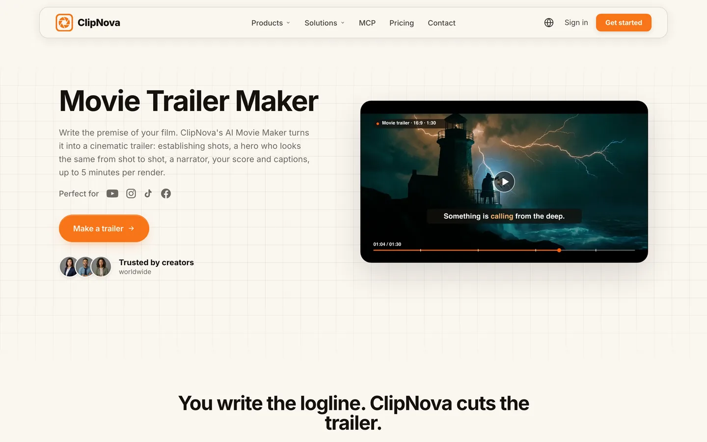 AI movie trailer generator ClipNova: the movie trailer maker page with a 16:9 trailer player and a stormy lighthouse shot