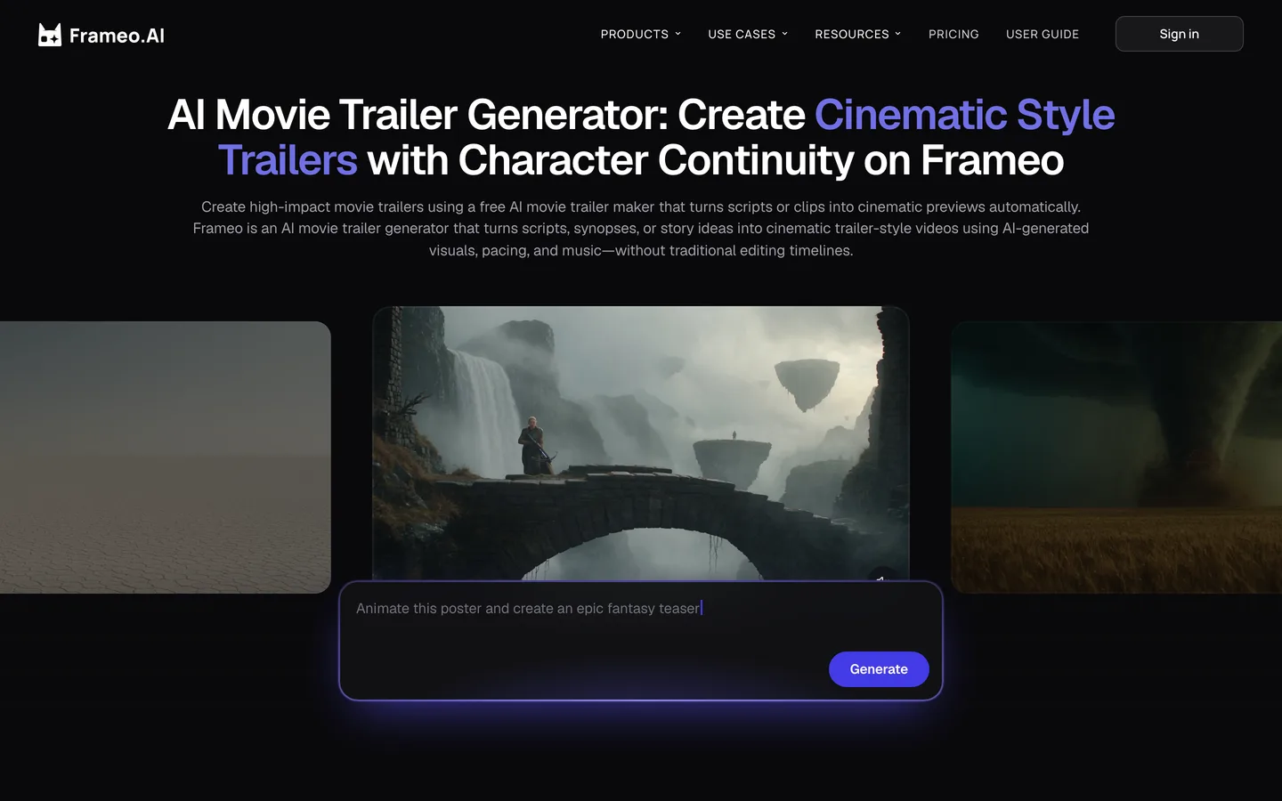 Movie trailer maker Frameo: AI movie trailer generator page with a fantasy bridge scene and a prompt box