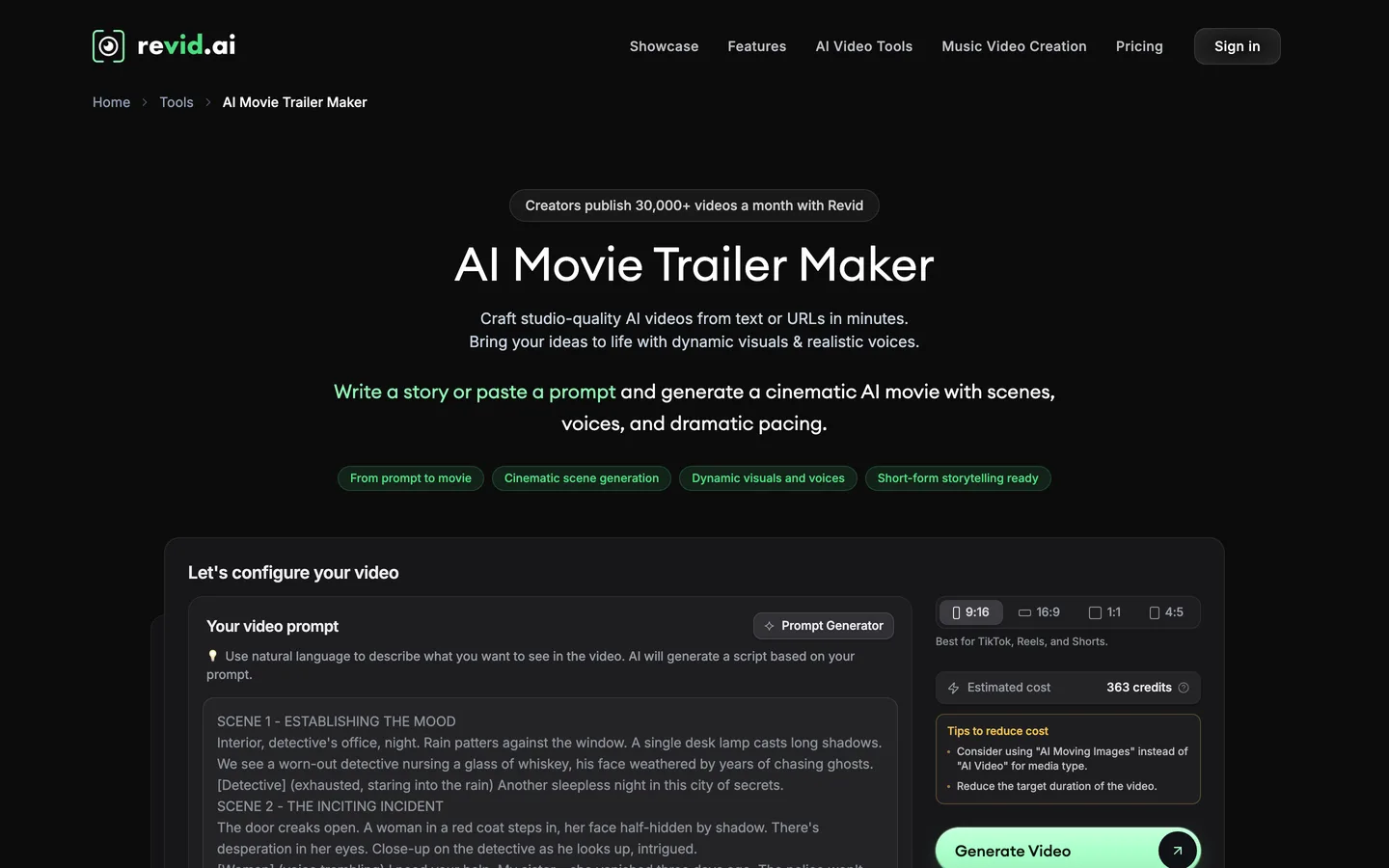 AI trailer maker Revid: the AI Movie Trailer Maker page with a scene-by-scene script prompt and format options