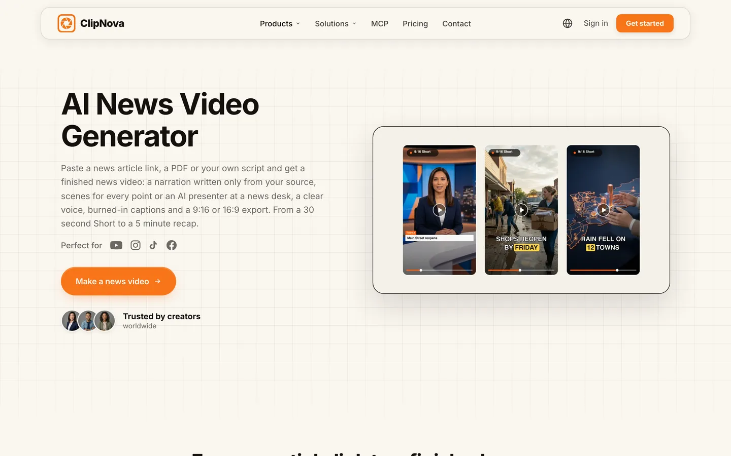 AI news video generator ClipNova: the news page with three 9:16 news Shorts, from a desk presenter to a flood recap