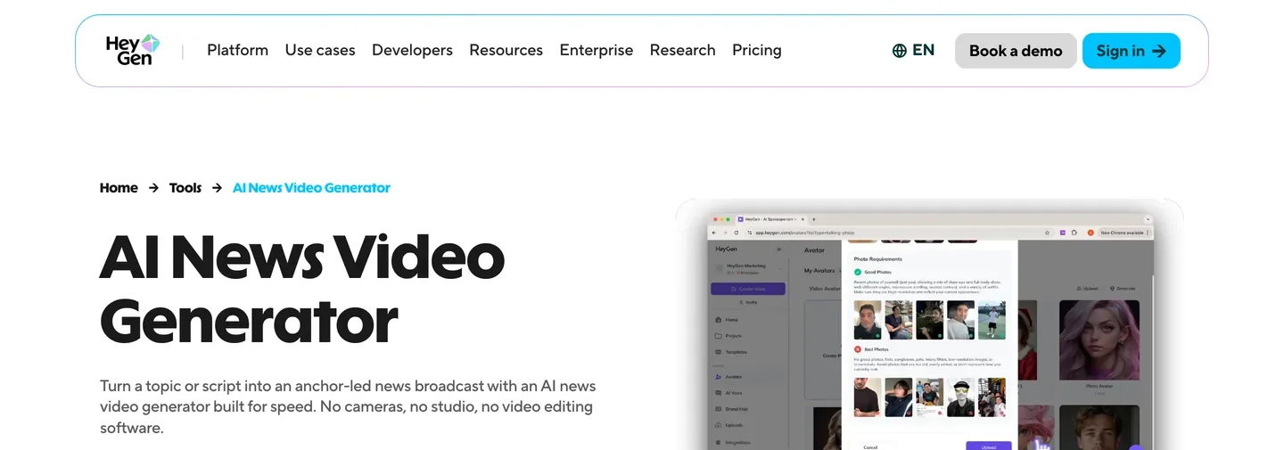 AI news anchor generator HeyGen: the AI News Video Generator page with the avatar library in the product preview