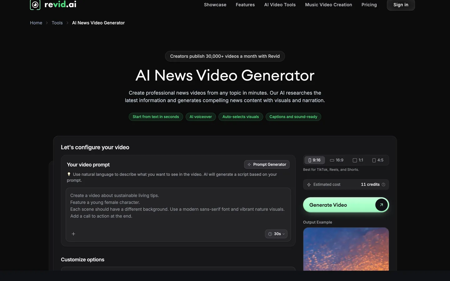News Shorts generator Revid: the AI News Video Generator page with a prompt box, format options and a credit estimate