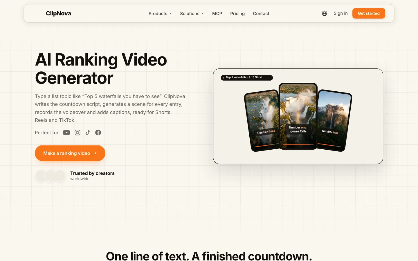 AI ranking video generator ClipNova: the ranking video page with a top 5 waterfalls countdown in three vertical frames