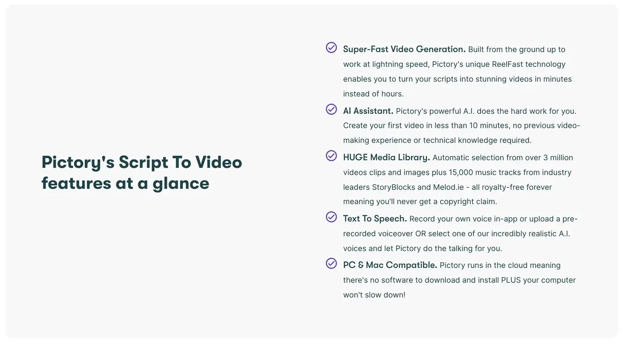 Real footage ranking video tool Pictory: script to video features, including stock media library and AI voices