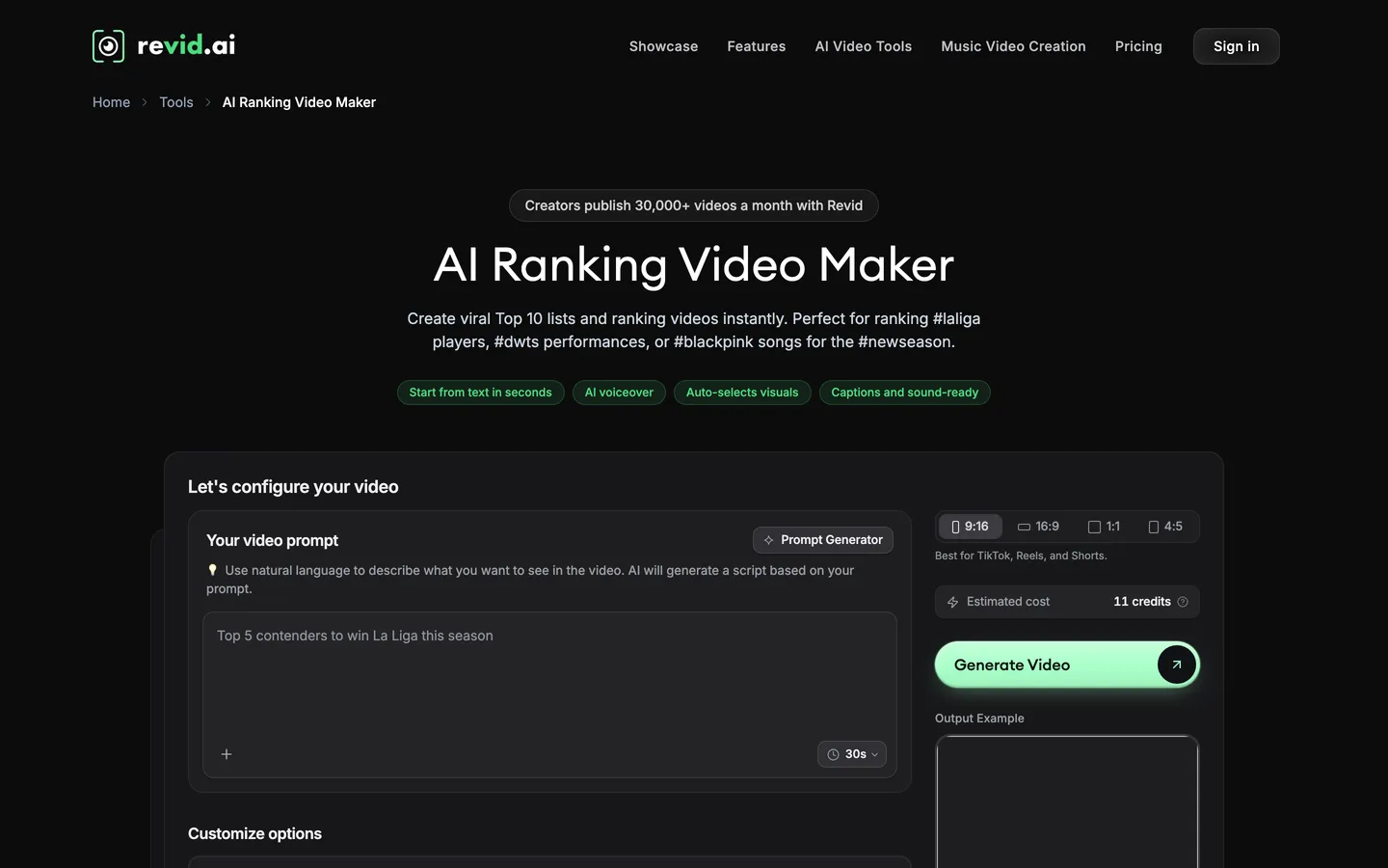 Top 10 video maker Revid: the AI Ranking Video Maker page with a La Liga prompt, aspect ratios and a credit estimate