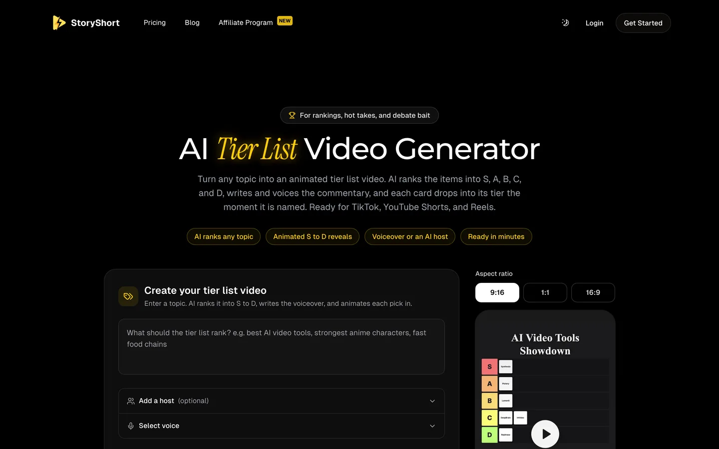 AI tier list video generator StoryShort: the tier list tool with a topic box, host option and an S to D preview