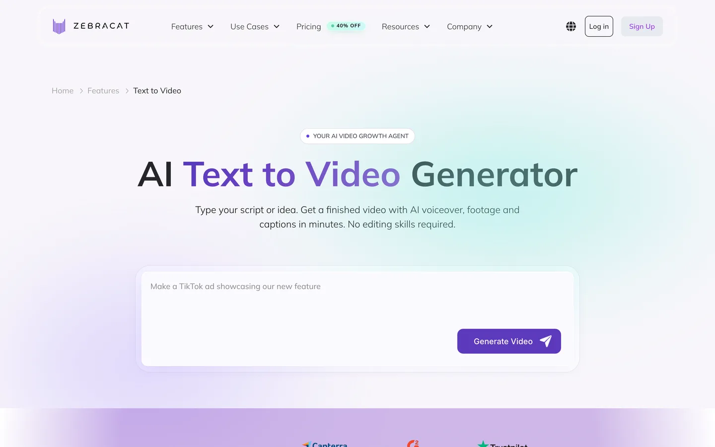 Listicle video generator Zebracat: the AI text to video page with a prompt box and a Generate Video button