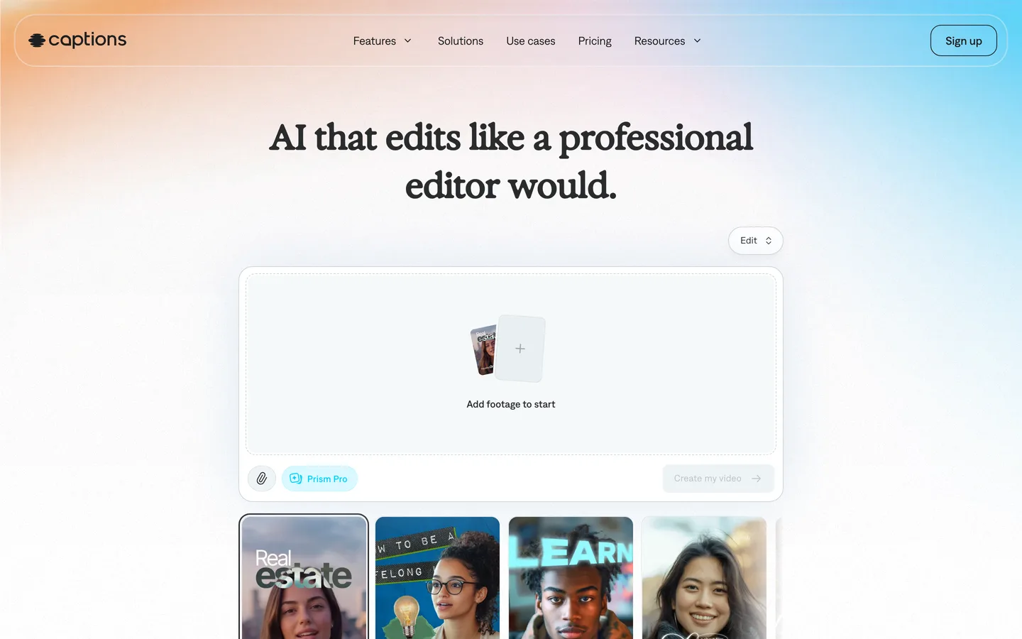 AI reel editor Captions: its homepage where you add footage for an AI edit