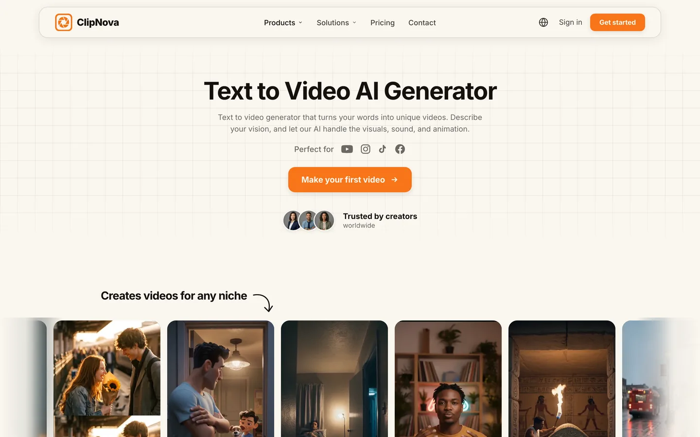 AI reel generator ClipNova: its text to video page with vertical example videos for Instagram, TikTok and YouTube