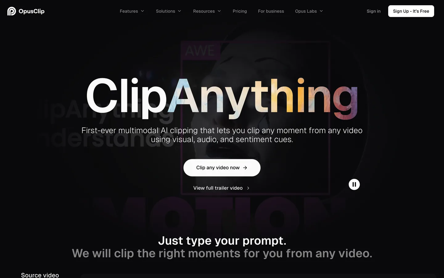Instagram reel generator OpusClip: its ClipAnything page for clipping moments from any video