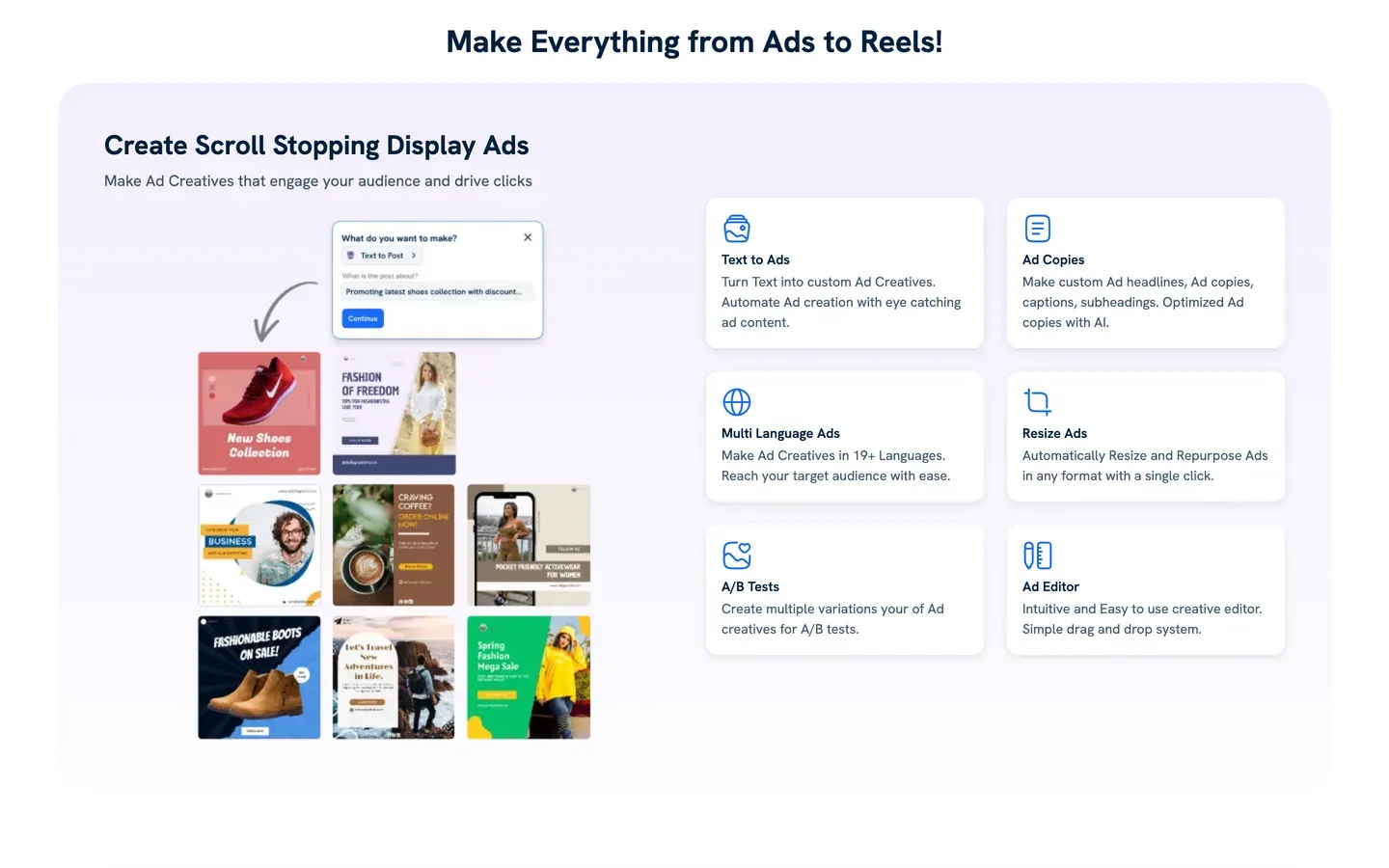 Instagram reel maker Predis.ai: its features page for ads, posts and Reels made from text