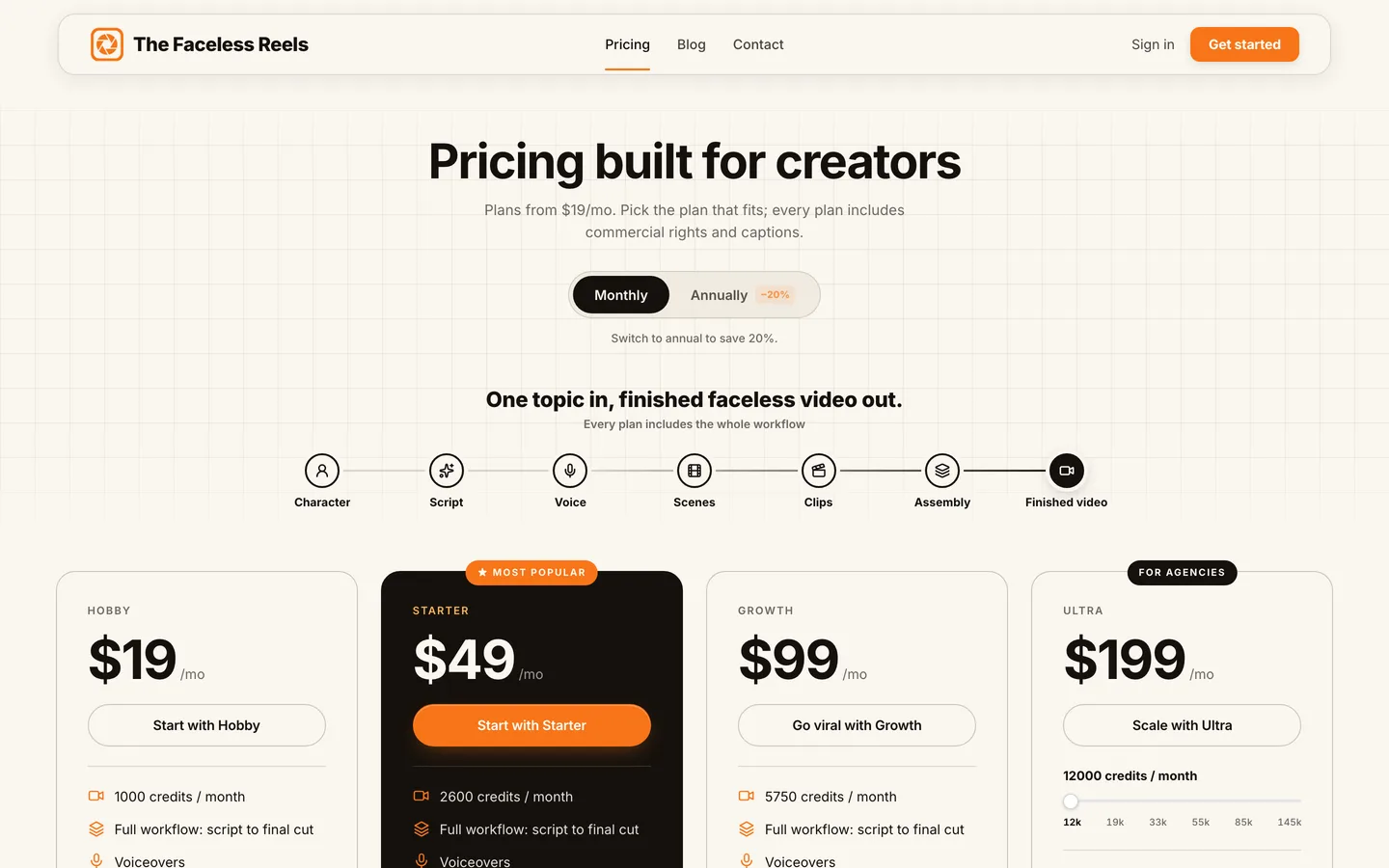 Instagram reel generator The Faceless Reels: its pricing page with the script to finished video workflow