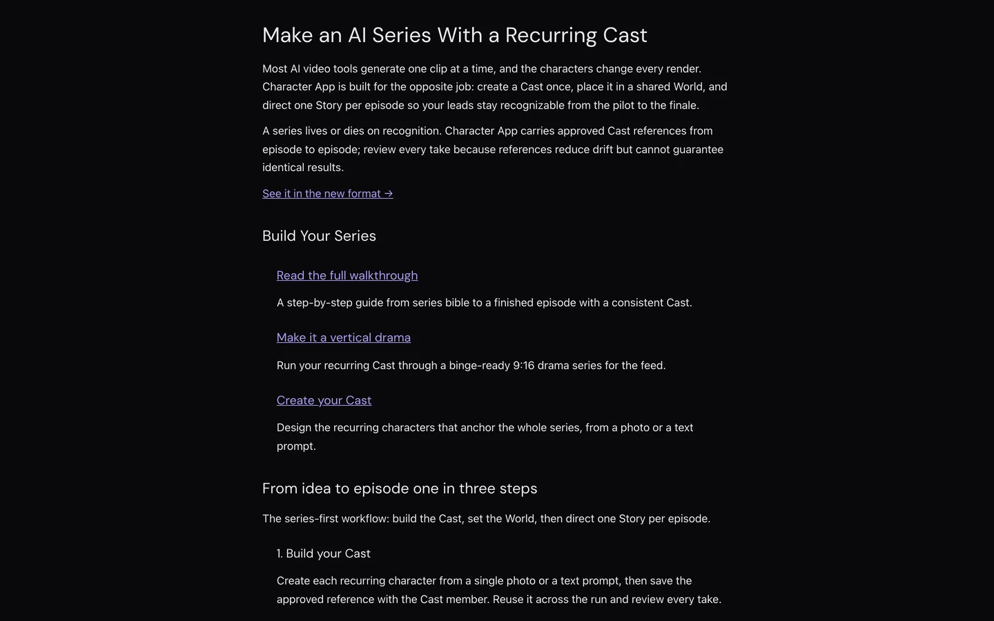 AI series maker Character App: the series page explaining Cast, World and one Story per episode