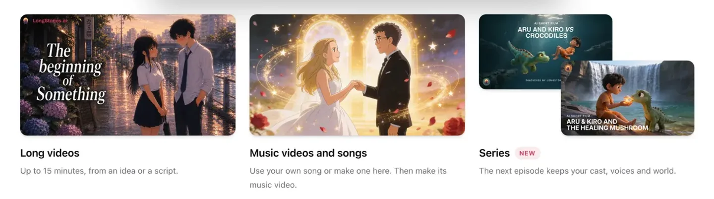 Long AI series tool LongStories.ai: homepage cards for long videos, music videos and the new Series feature