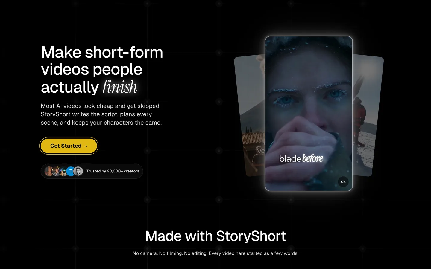 Short AI series maker StoryShort: homepage with vertical example videos and the promise of consistent characters