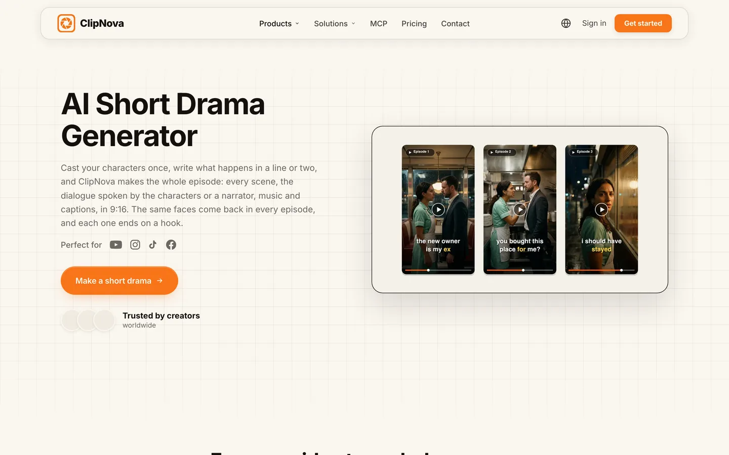 AI short drama generator ClipNova: tool page with three vertical drama episodes of the same diner story