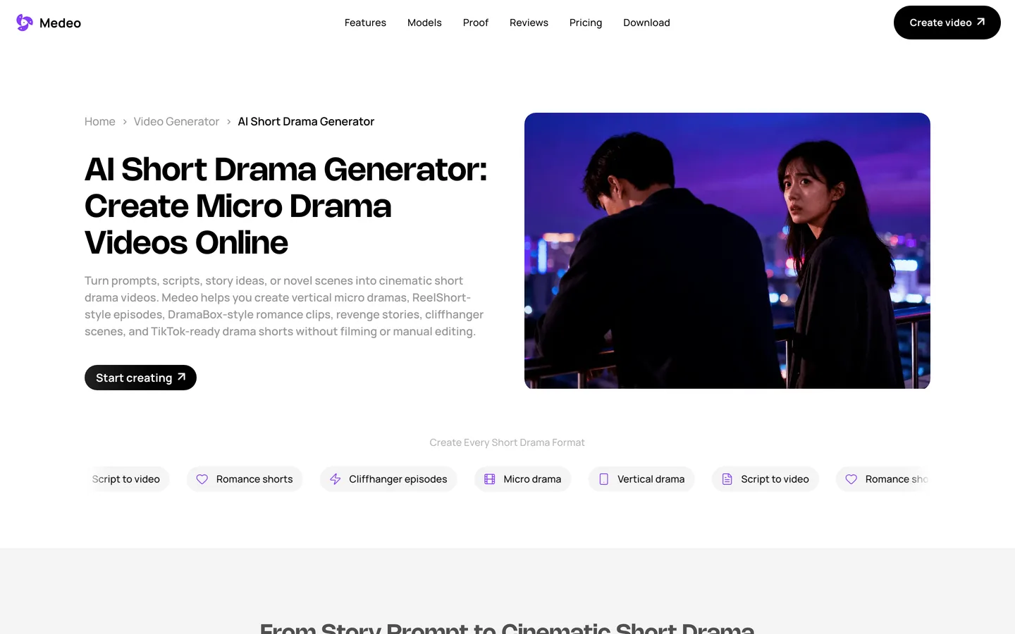 Vertical drama video maker Medeo: the AI Short Drama Generator page with a night rooftop scene of two leads
