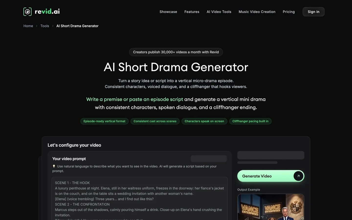 Micro drama generator Revid: the AI Short Drama Generator page with a scene-by-scene script and dialogue