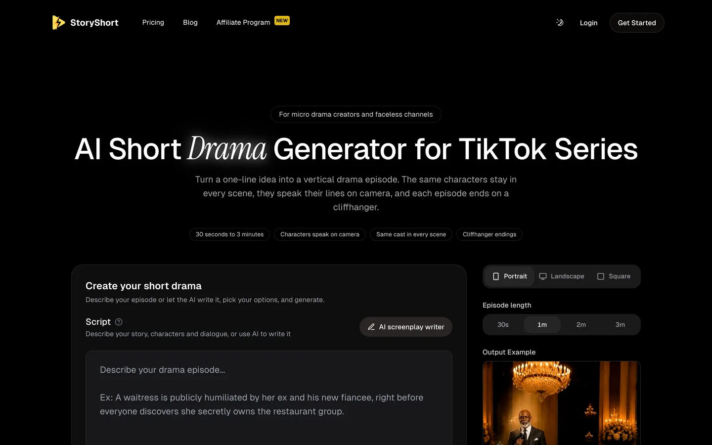 Drama series tool StoryShort: the short drama page with episode length options and a script box