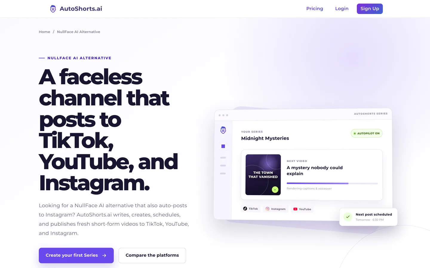 AI Shorts maker AutoShorts.ai: a series card that schedules posts to TikTok, YouTube and Instagram