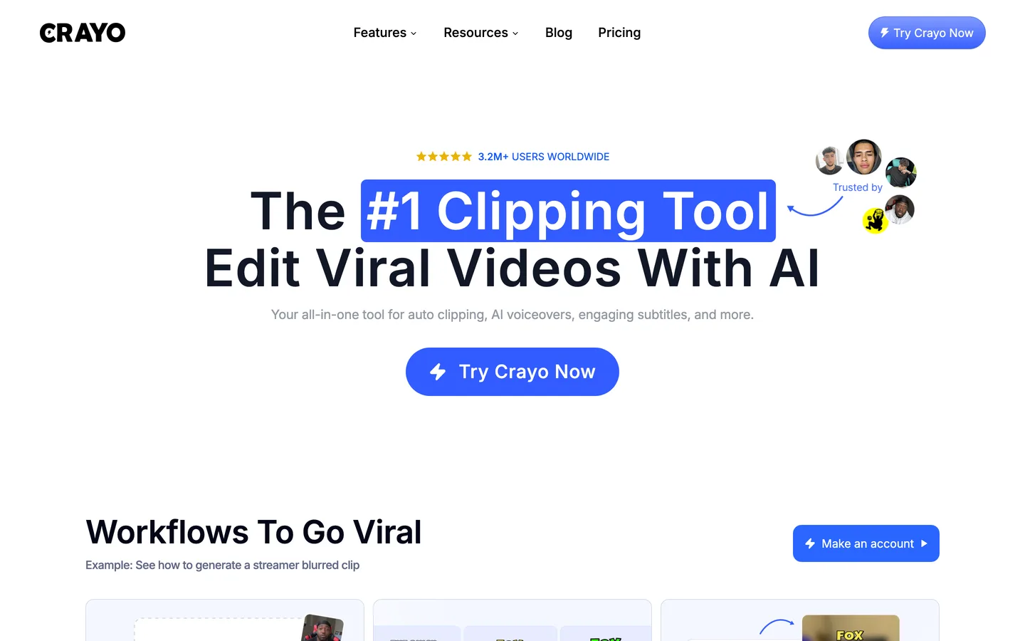 Reddit story Shorts maker Crayo: its homepage describing AI clipping, voiceovers and subtitles