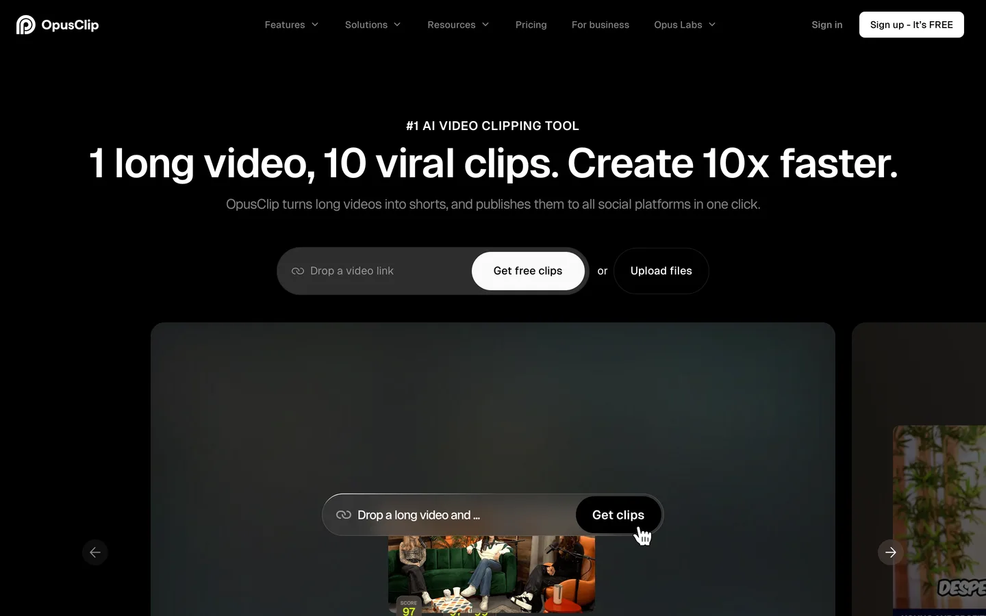 Long video to Shorts clipper OpusClip: its homepage turning one long video into vertical clips