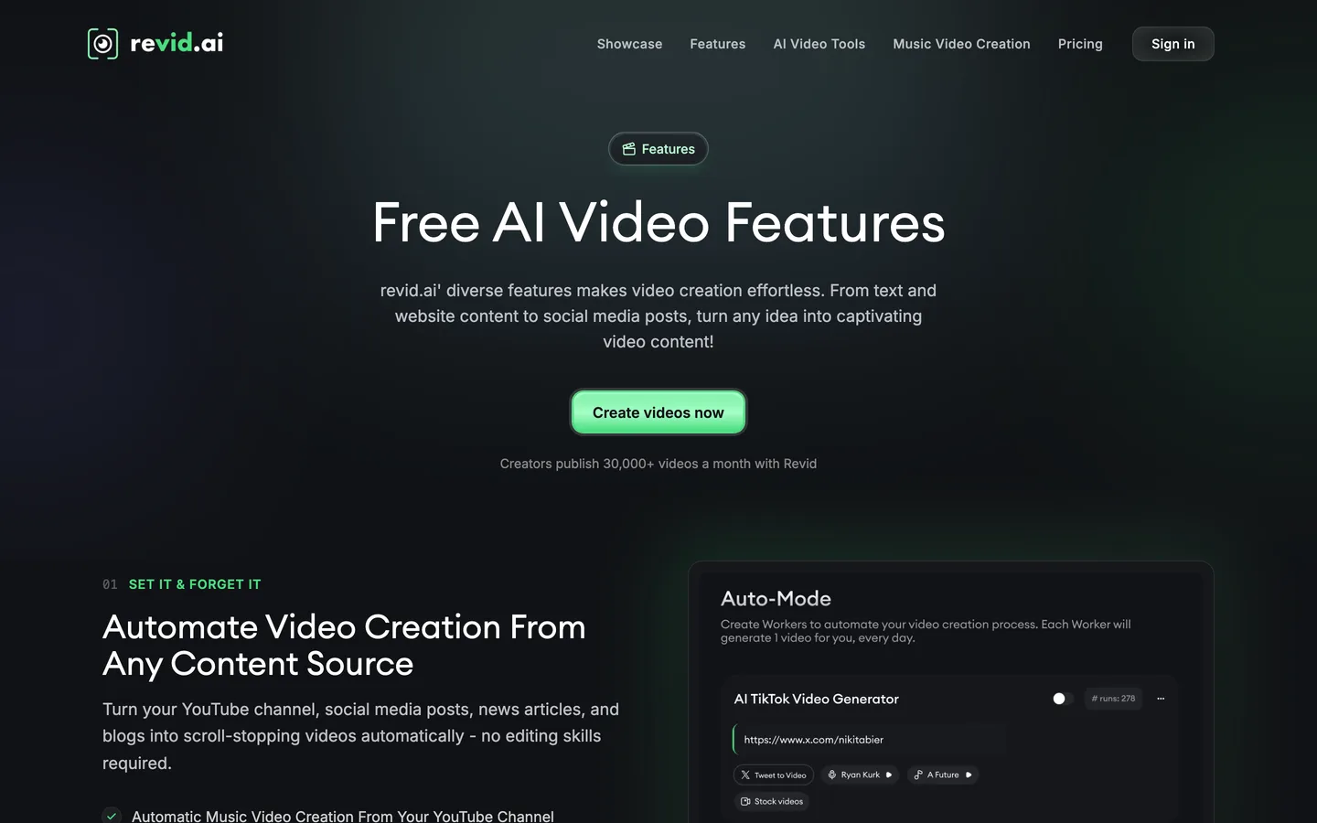 Shorts automation tool Revid.ai: its features page with Auto-Mode workers that make one video a day