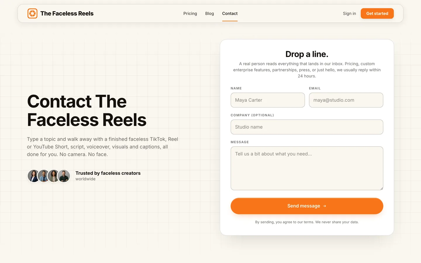 YouTube Shorts AI generator The Faceless Reels: its contact page next to the topic-to-Short promise