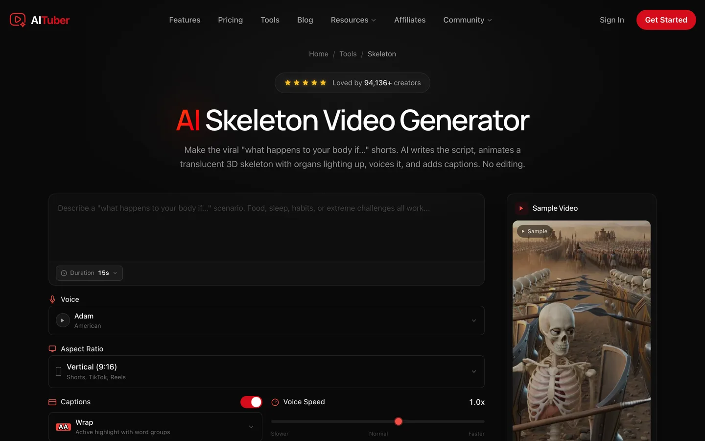 Skeleton shorts generator AITuber: the AI Skeleton Video Generator form with duration, voice, aspect ratio and captions