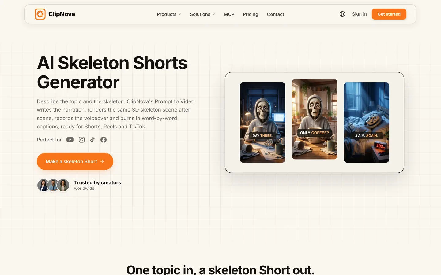 AI skeleton shorts generator ClipNova: the skeleton Shorts page with three vertical frames of the same hooded 3D skeleton
