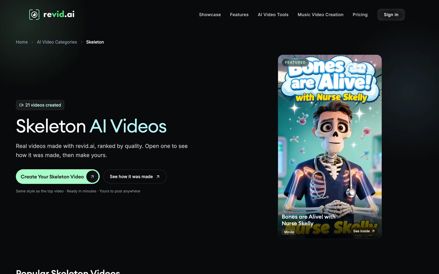 AI skeleton video maker Revid: the Skeleton AI Videos category with a featured skeleton nurse video