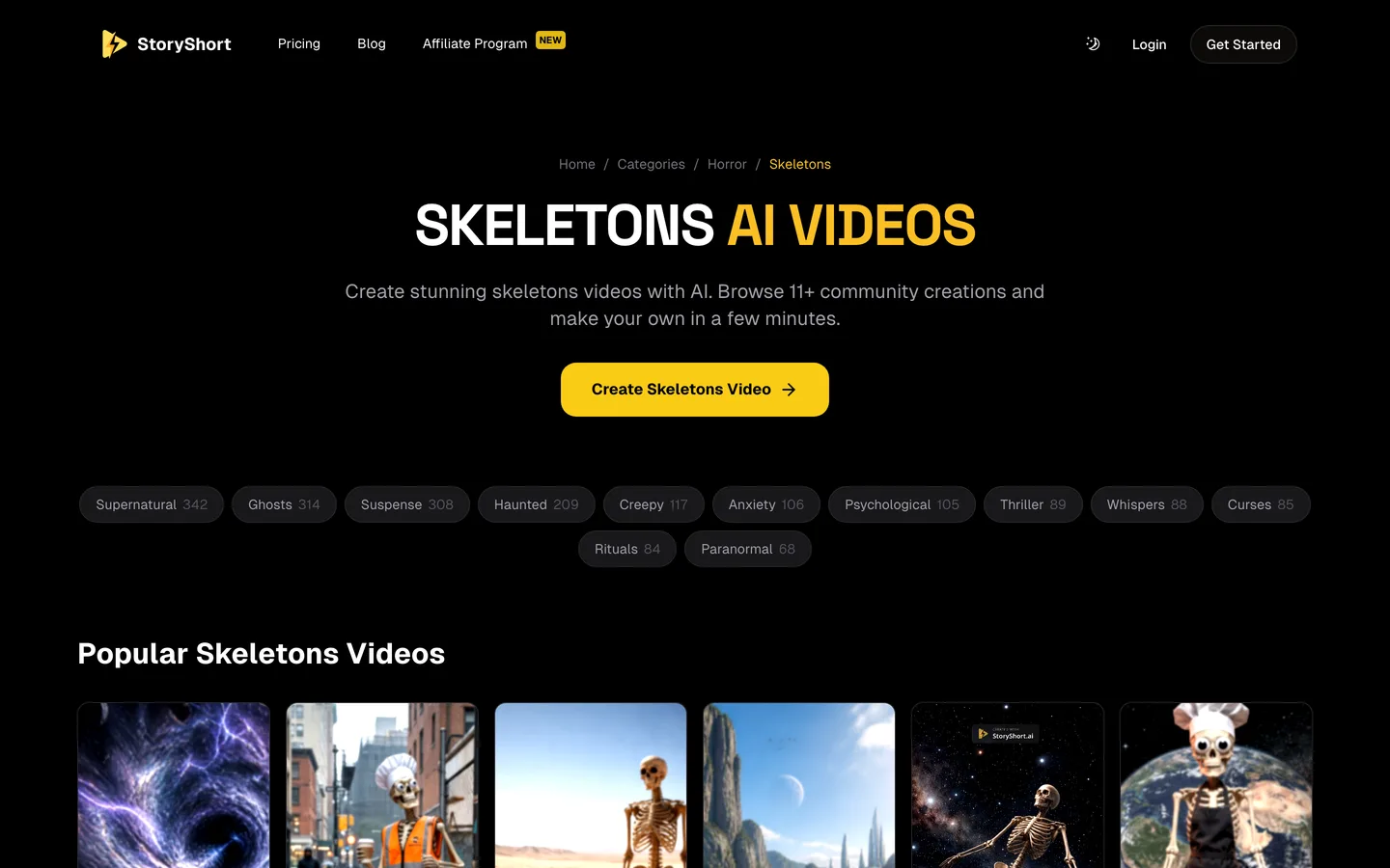 Skeleton video generator StoryShort: the Skeletons AI Videos category page with community skeleton videos