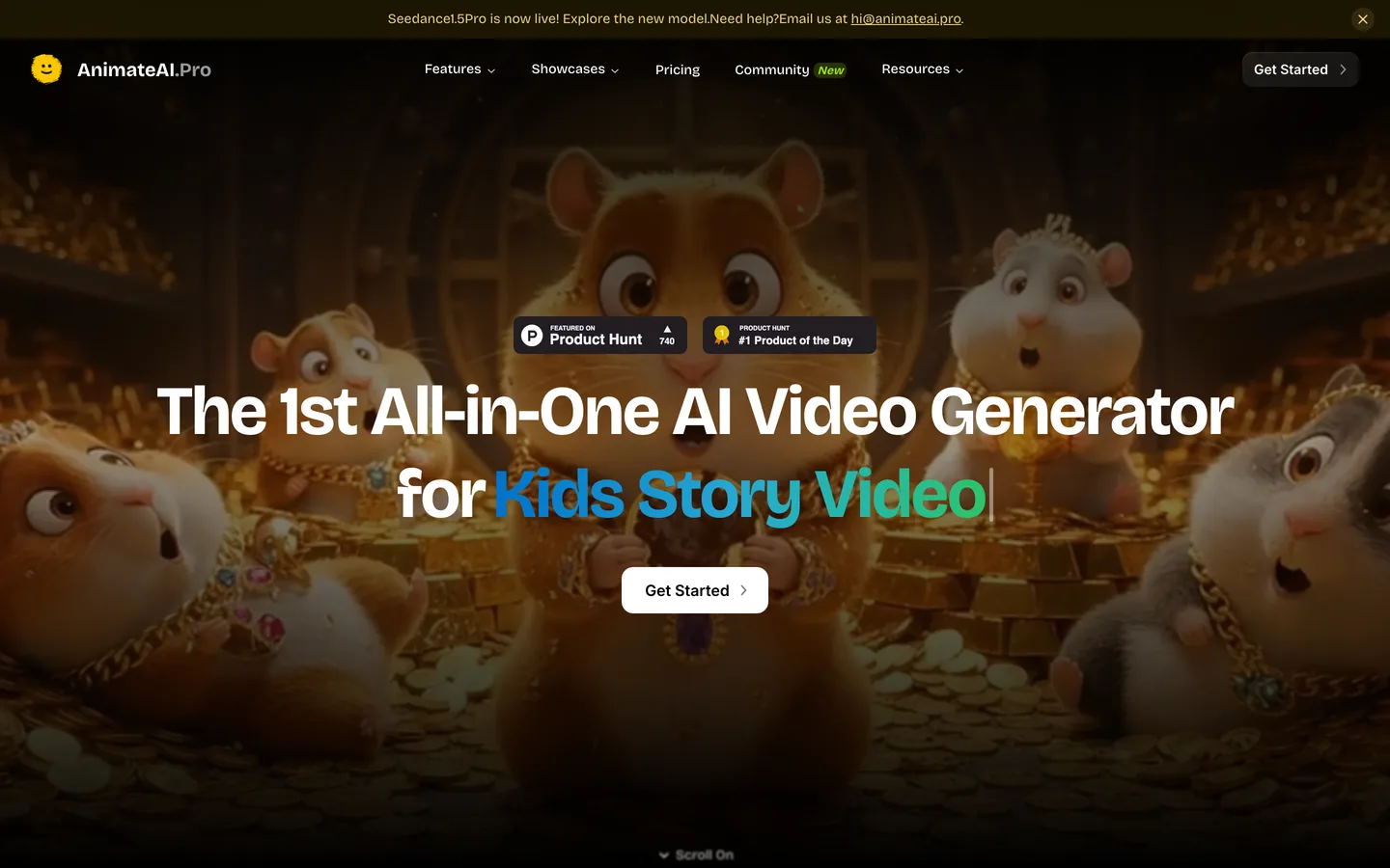 AI story video maker AnimateAI: homepage headline about an all-in-one generator for kids story videos