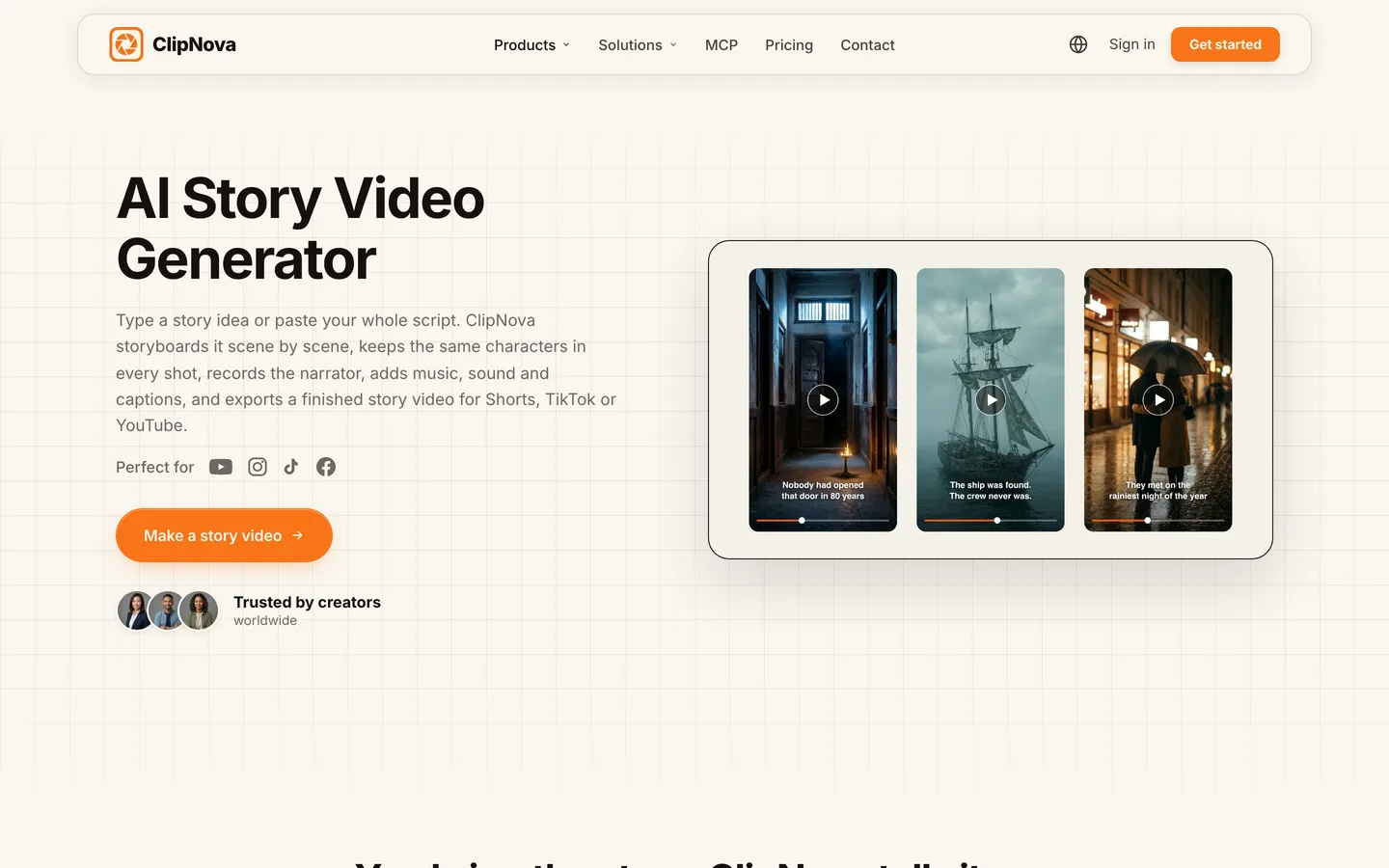 AI story video generator ClipNova: the story tool page with three vertical story videos and the scene-by-scene description