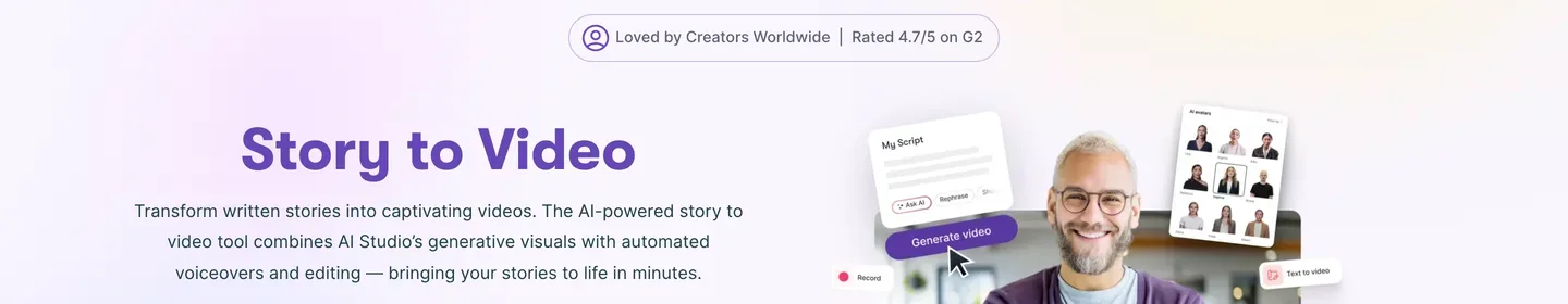 Story to video tool Pictory: the Story to Video page with a script card and AI avatar mockup