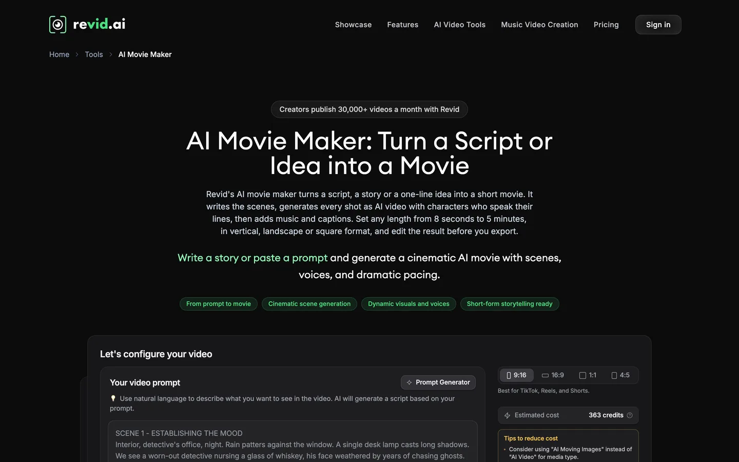 AI story video maker Revid: the AI Movie Maker page describing scripts to short movies from 8 seconds to 5 minutes