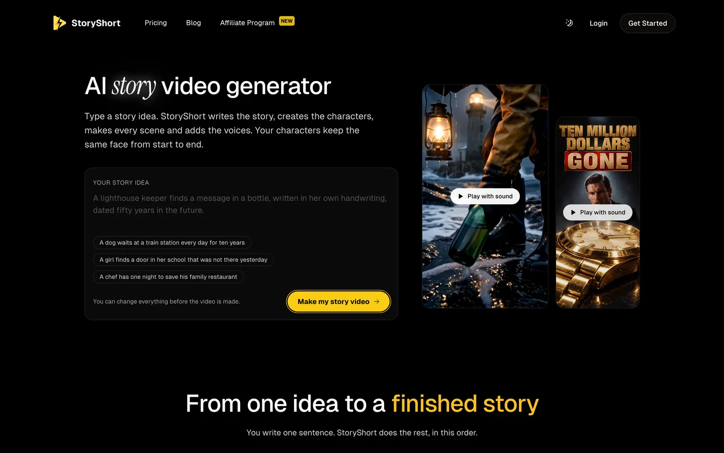 Story video generator StoryShort: the AI story video tool with a story idea box and two example videos