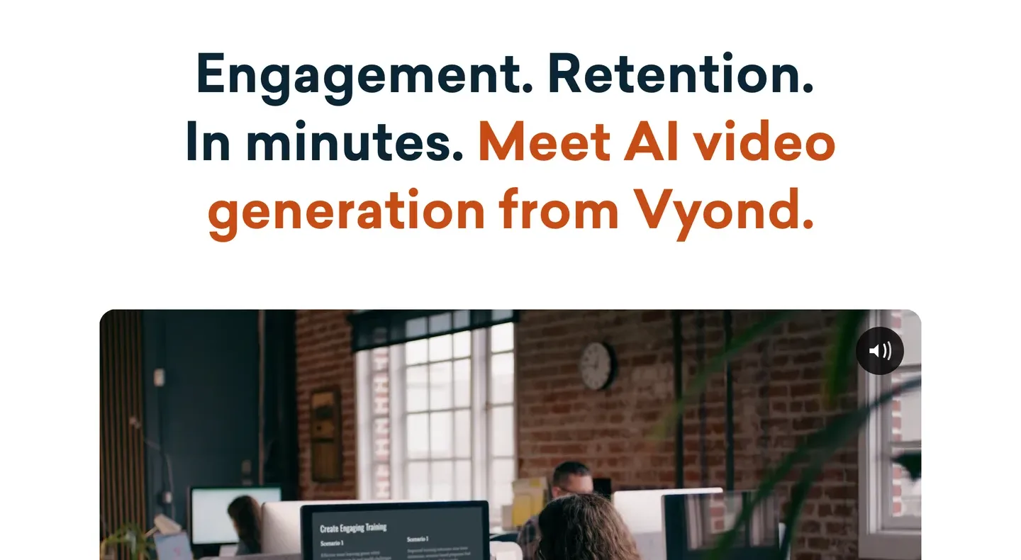 AI video generation for stories Vyond: the AI video generator page headline and an office scene
