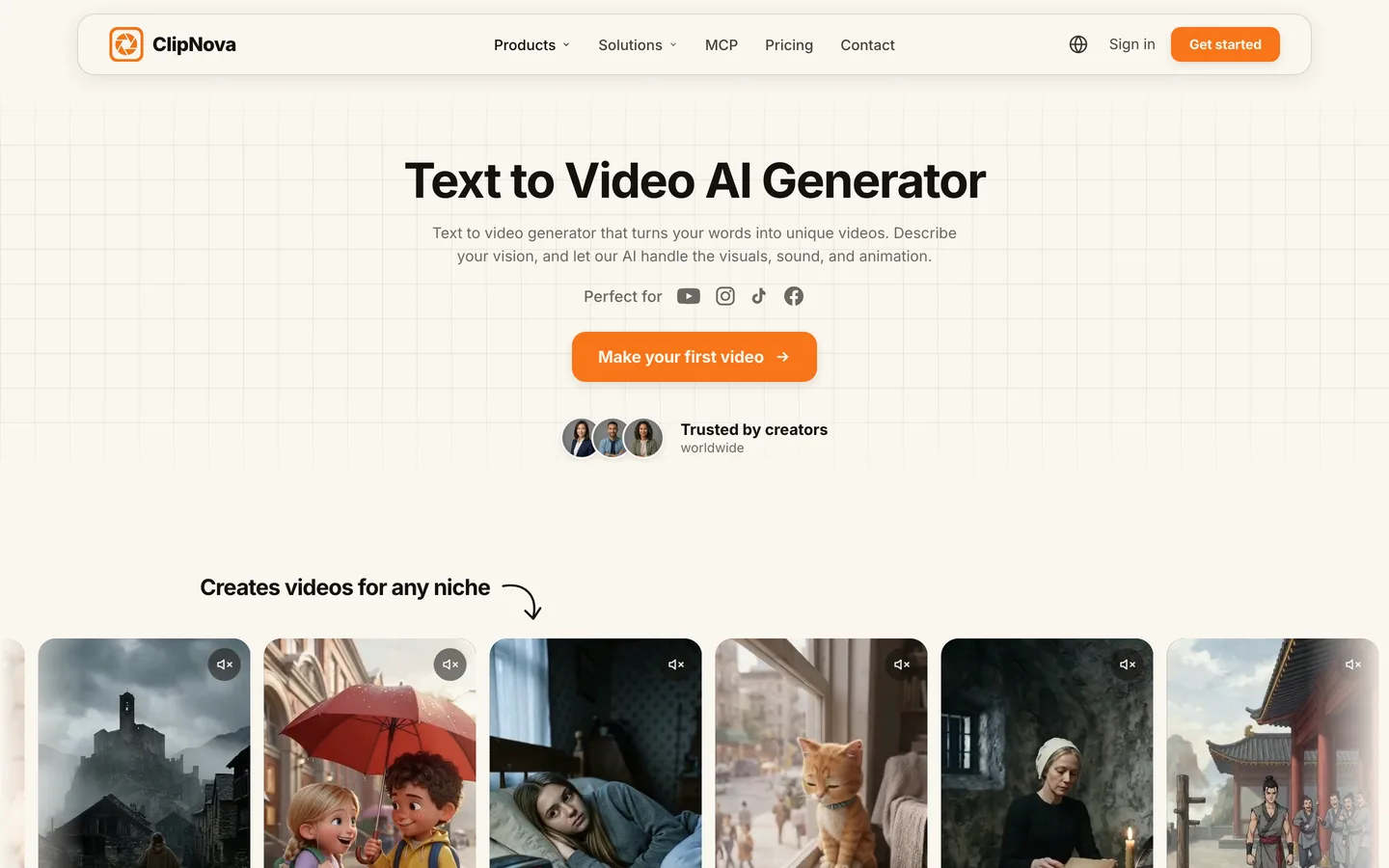 AI text to video generator ClipNova: its text to video page with a prompt button and example videos for different niches