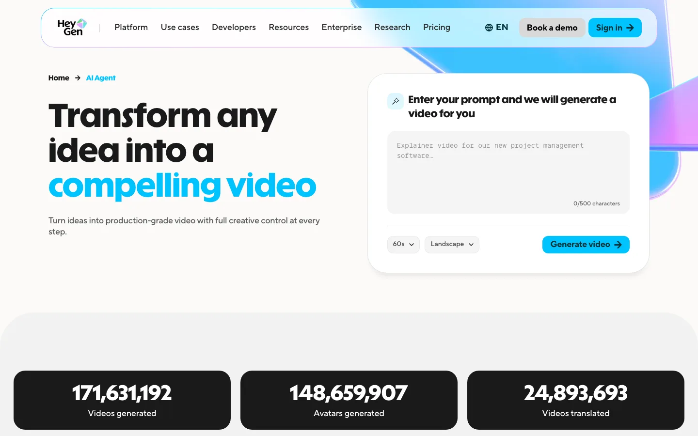 Text to video AI tool HeyGen: its Video Agent page with a prompt box, a 60s length menu and a landscape format menu
