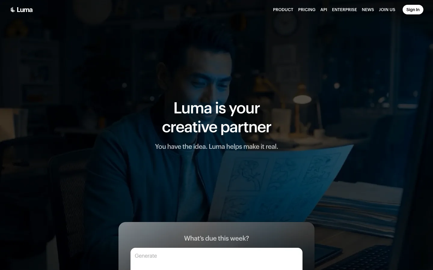 Text to video generator Luma AI: its homepage with a generate box under the line Luma is your creative partner