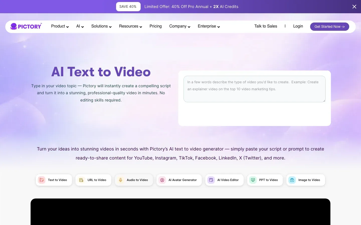 Stock footage text to video generator Pictory: its topic box with text, URL, audio and slide inputs