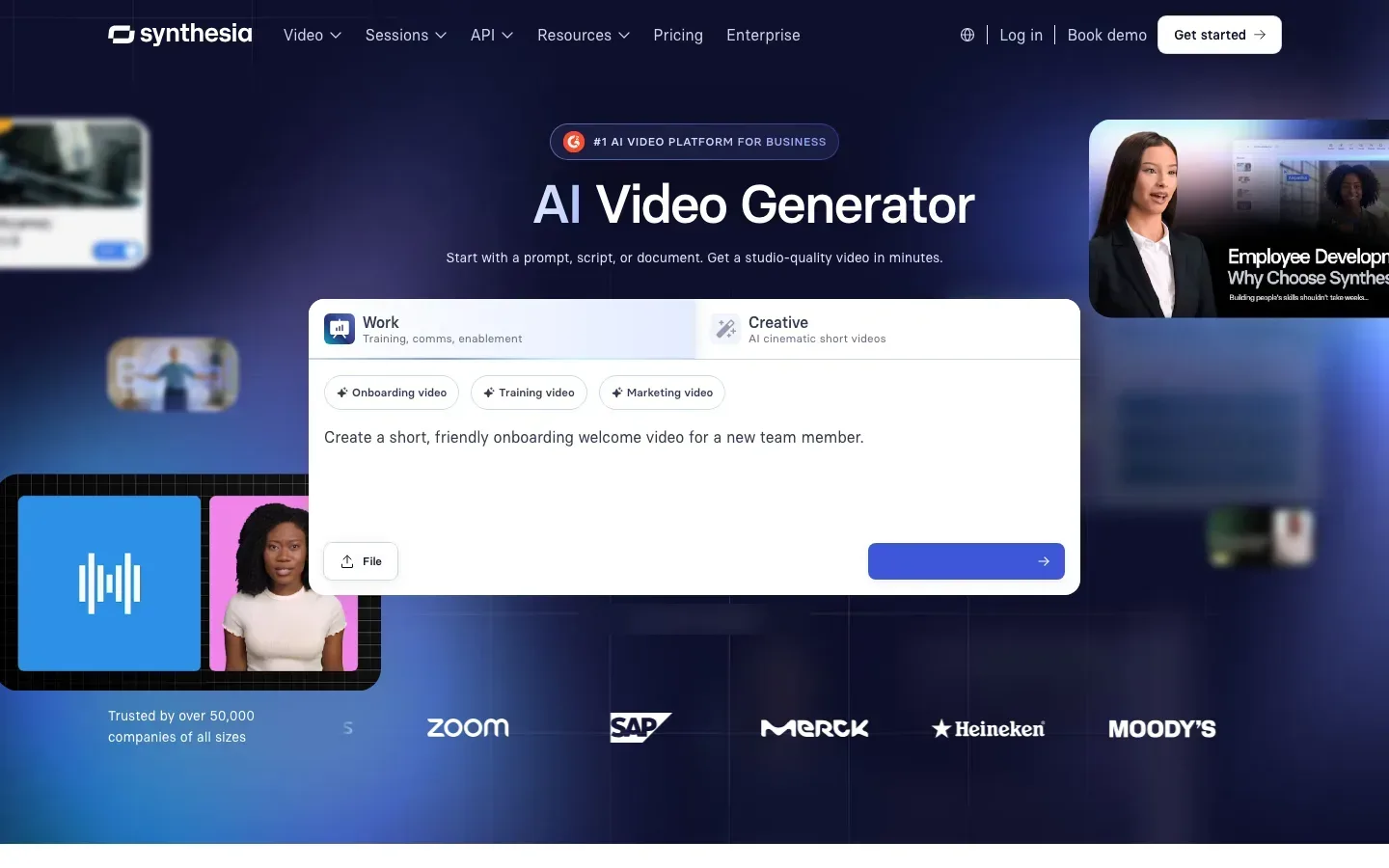AI video generator from text Synthesia: its prompt box with Work and Creative tabs and training presets