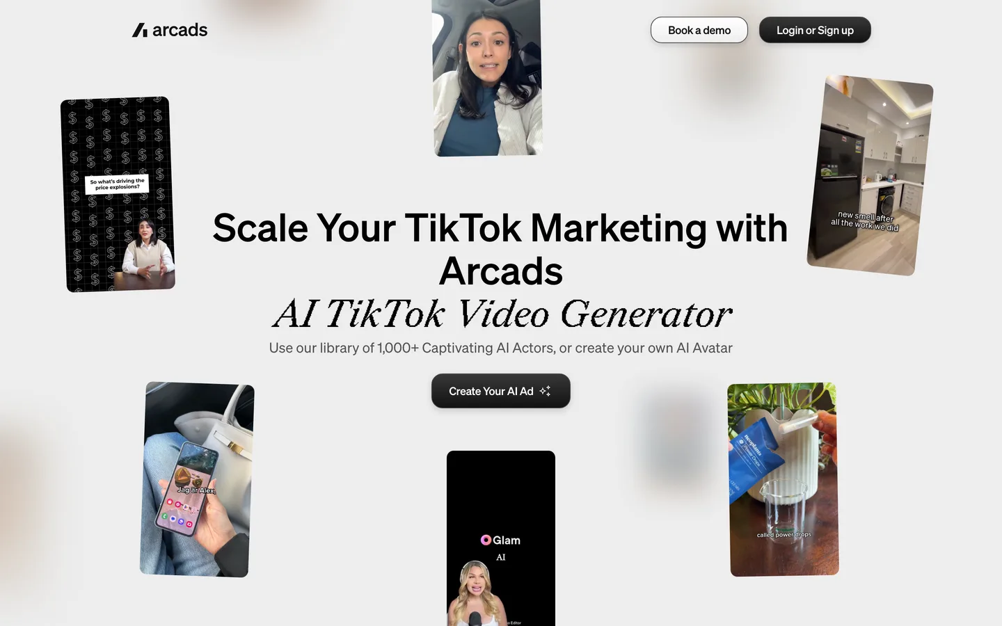 TikTok ad AI video generator Arcads, its AI TikTok video generator page with AI actor examples