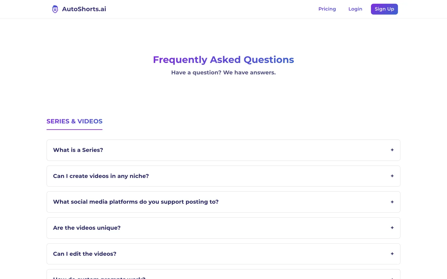 TikTok AI video maker AutoShorts.ai, its FAQ page on series, niches and posting platforms