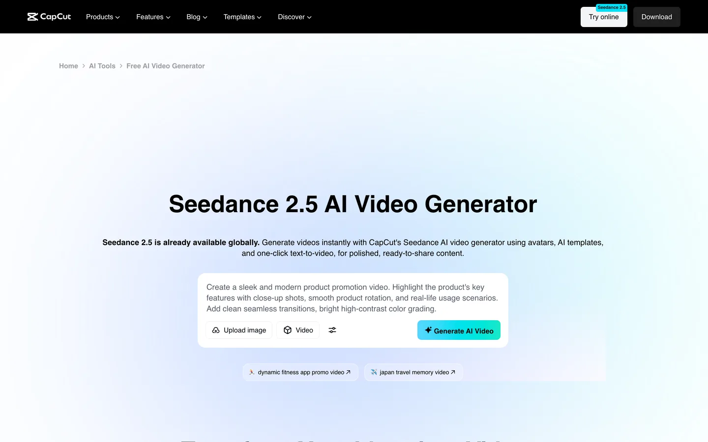 AI TikTok maker CapCut, its Seedance 2.5 AI video generator page with a prompt box