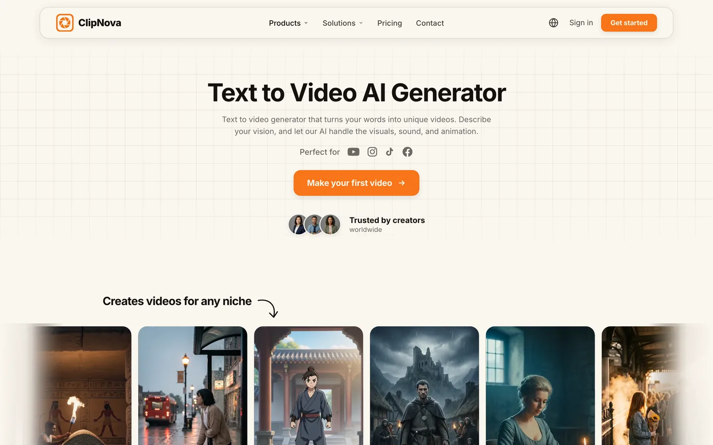 AI TikTok video generator ClipNova, its text to video page with example vertical videos by niche