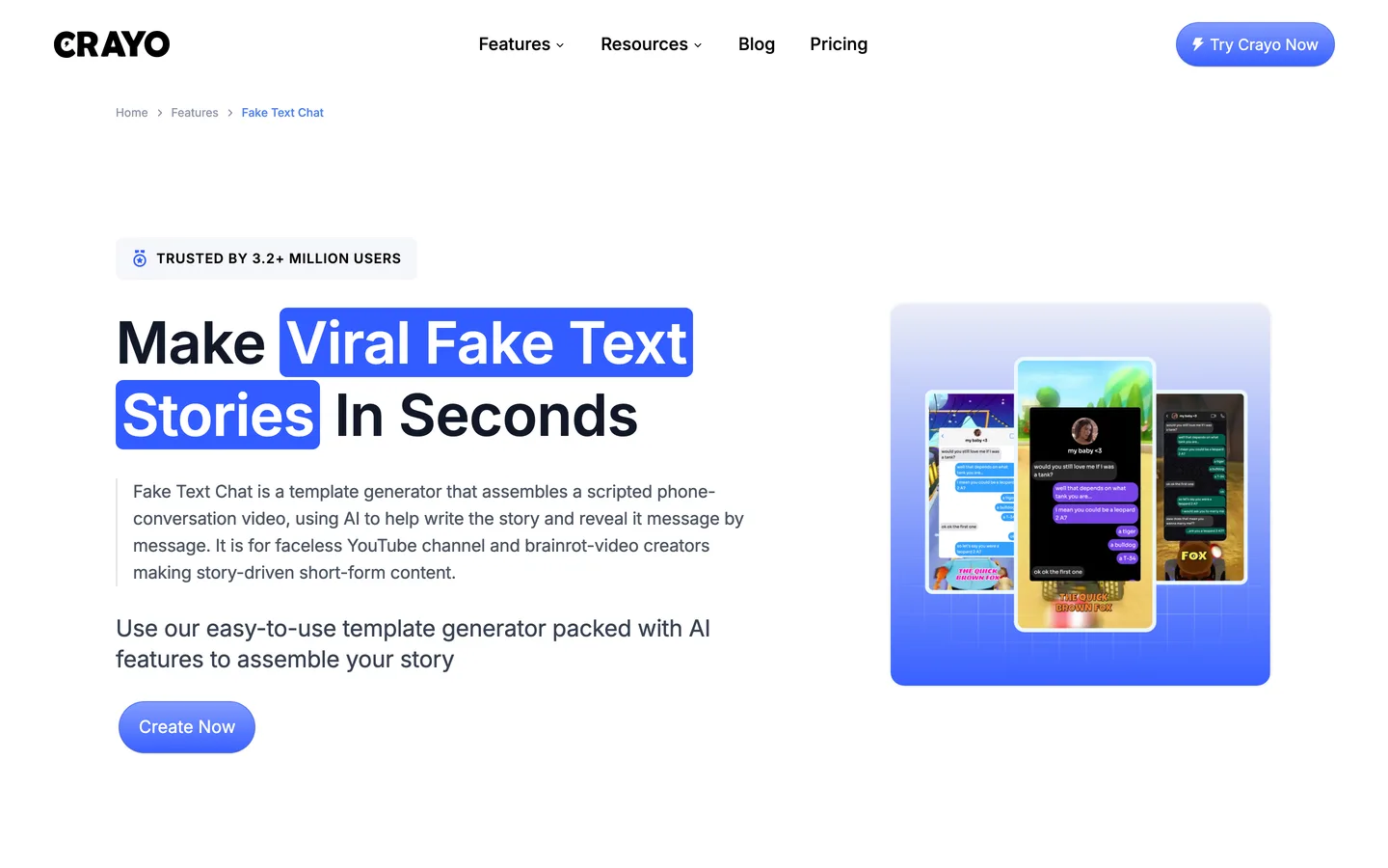AI TikTok video generator Crayo, its fake text chat page with phone-conversation story examples