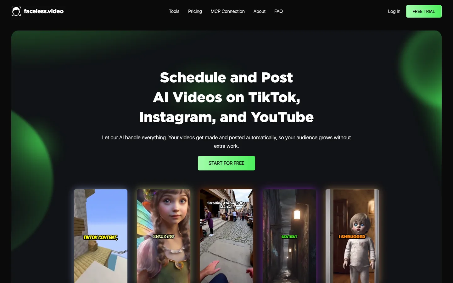 Faceless TikTok generator Faceless.video, its scheduler page for posting AI videos to TikTok, Instagram and YouTube