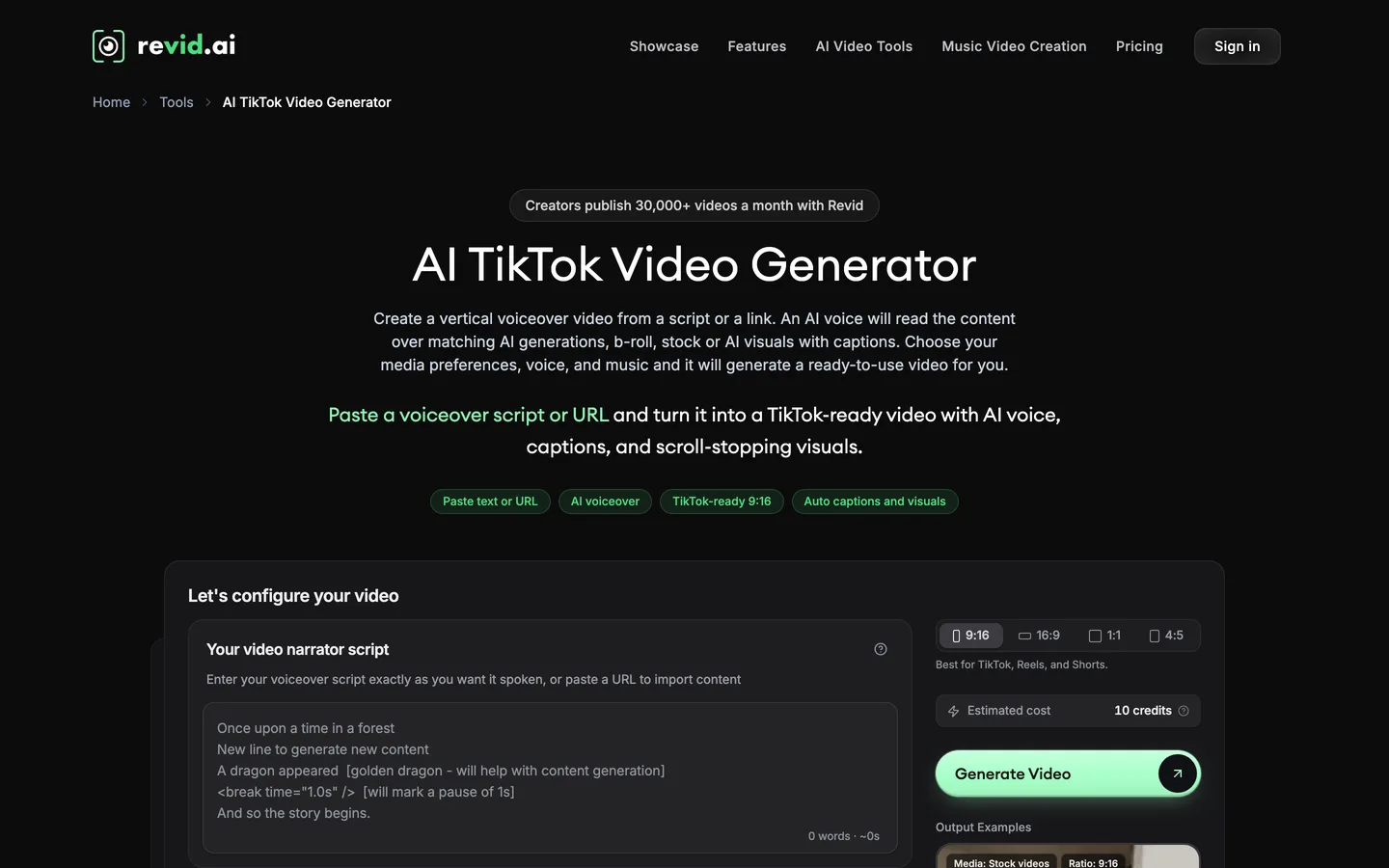 AI TikTok generator Revid.ai, its TikTok video generator page with a narrator script box and 9:16 setting